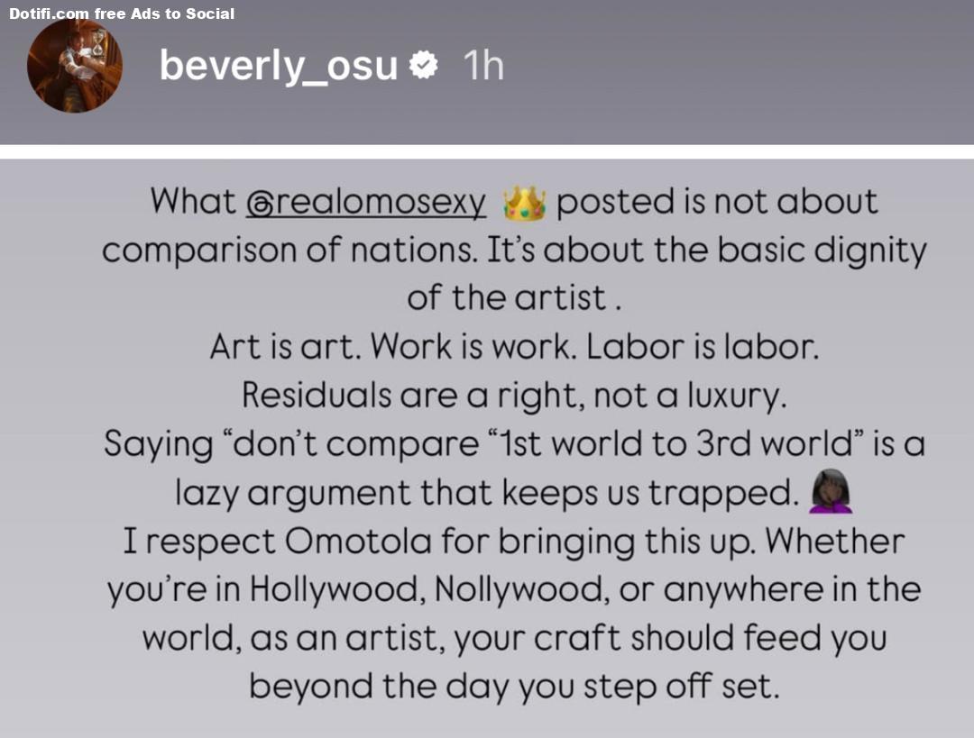 Residuals are a right, not a luxury  Actress, Beverly Osu backs Omotola Jalade as she sparks new debate about Nollywoods broken system