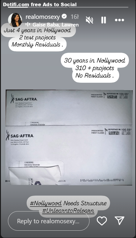 Residuals are a right, not a luxury  Actress, Beverly Osu backs Omotola Jalade as she sparks new debate about Nollywoods broken system