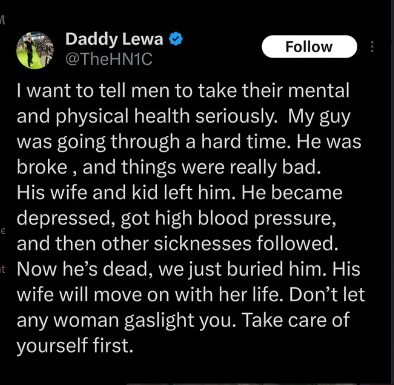 We just buried him  Man shares painful story, urges men to prioritize their health and sanity