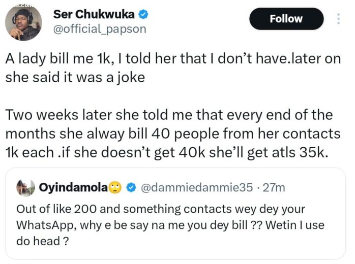 X user shares how lady makes up to 40k monthly by billing her contacts 1k each