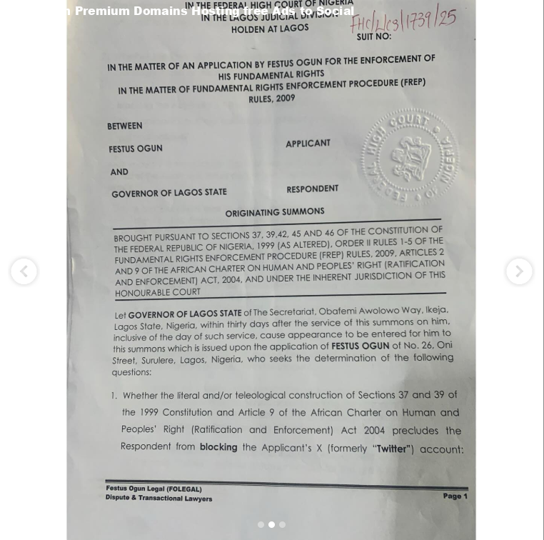 Nigerian lawyer sues Sanwo-Olu for blocking him on X.
