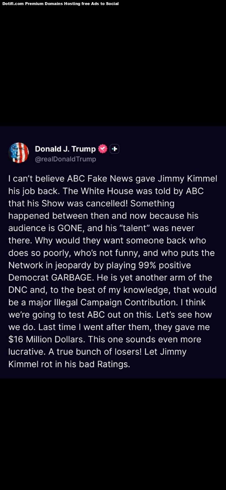 Trump blasts ABC for bringing Jimmy Kimmel back, calls him not funny and accuses network of Democrat bias