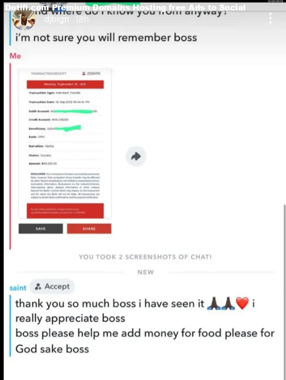 DJ Big N shares hilarious Snapchat conversation with fan begging money for ol*sh*