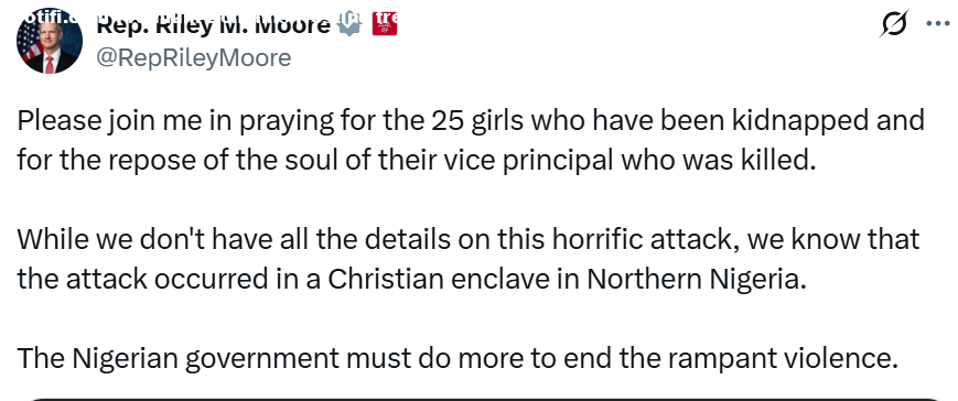 Pray For Them  U.S. Lawmaker Reacts As 25 Girls Are Kidnapped In Northern Nigeria, Vice Principal Killed